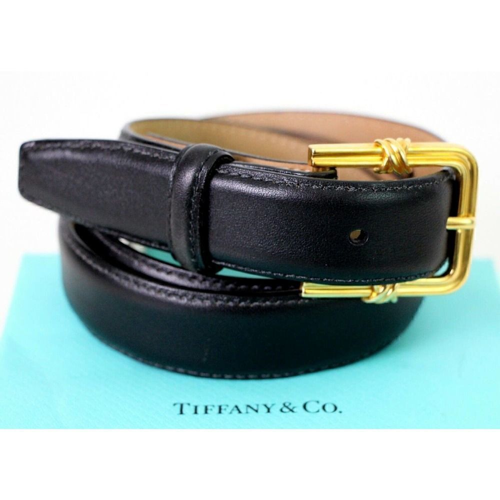 AUTH TIFFANY 1992 SOLID 18K 750 22g GOLD BUCKLE BLACK LEATHER SKINNY BELT 28 USA